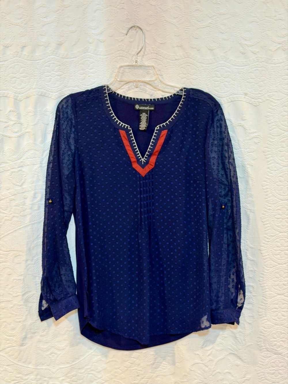 Signature Studio Navy Blouse with Red V-Trim